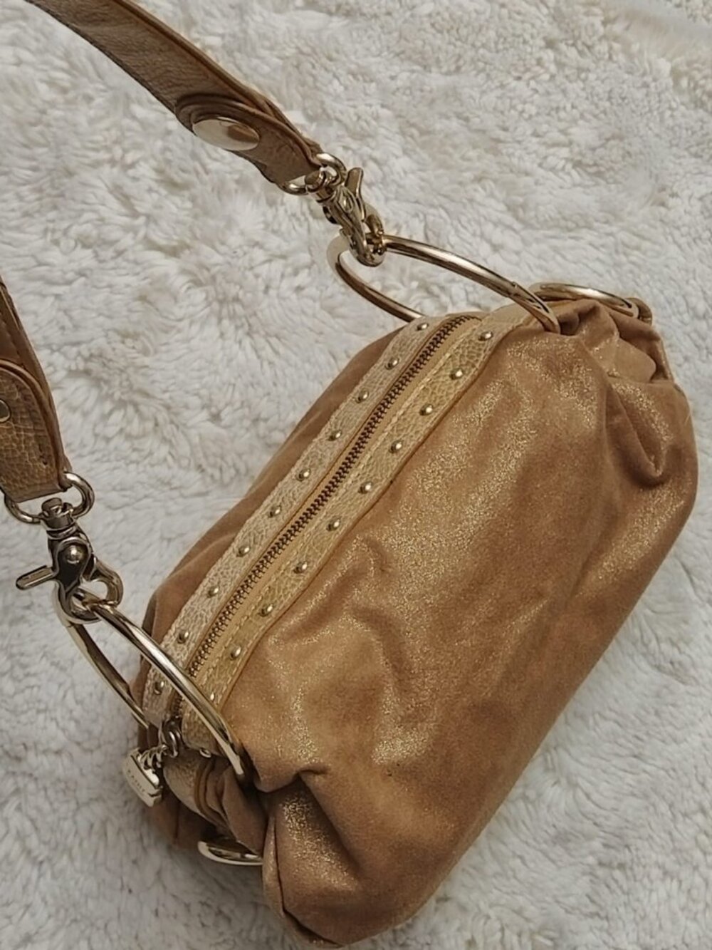 Vintage Kathy Van Zeeland Y2K Metallic Gold Shoulder Bag Studded O-Ring